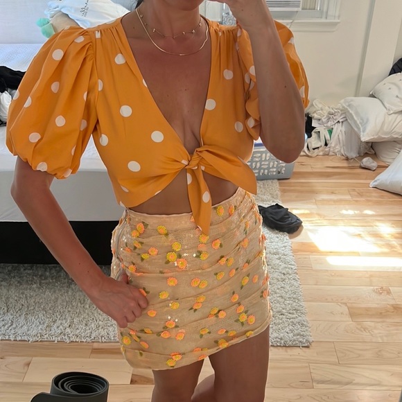 For Love And Lemons Tops - For Love & Lemons Orange Polka Dot Tie Top